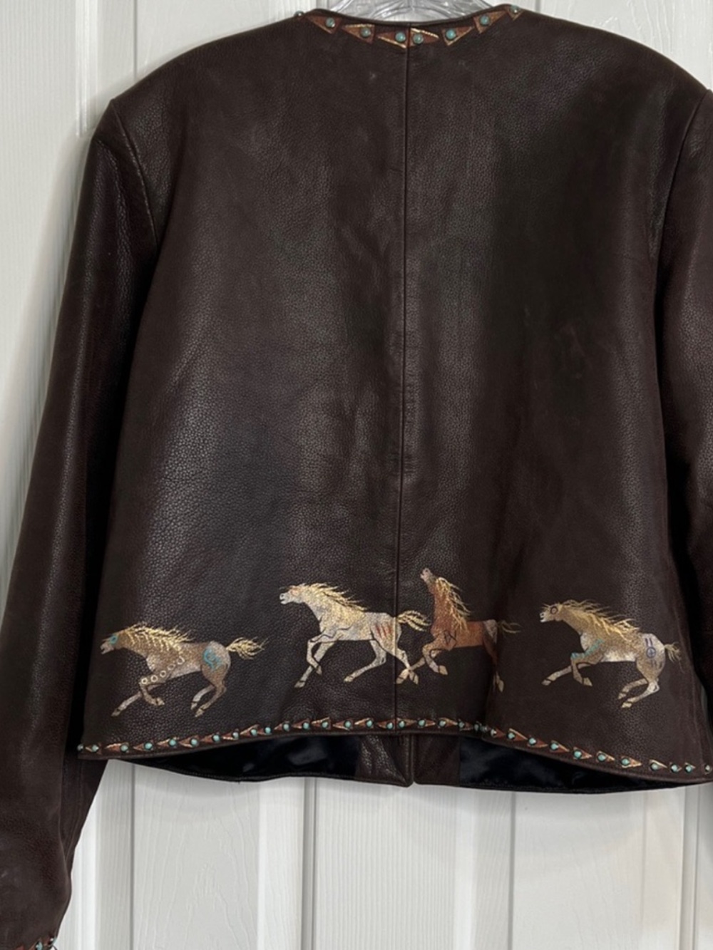 Patricia Wolf hand painted Indian ponies Leather Jacket Turquoise Studs L EUC - Picture 9 of 10